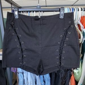 FASHION NOVA Side Eye Lace Up Denim Shorts in Black